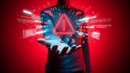 Cyber Threat Alert Abstract Hand Holding a Glowing Digital Warning Sign in a Networked System
