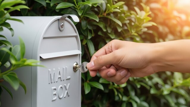 Mailbox Moment Hand opening a mailbox with key in front of lush greenery.