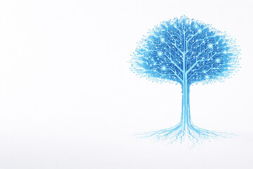 AI generated minimal digital circuit tree on white background with blue technology lines and clean negative space symbolizing knowledge growth innovation and artificial intelligence