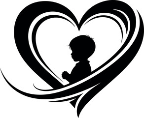 Praying child silhouette inside heart vector illustration isolated on transparent background