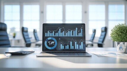 A sleek laptop displays various financial charts and graphs on a modern white office desk