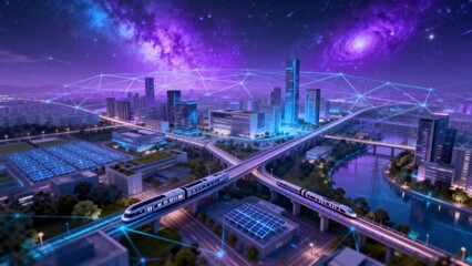 Futuristic city with trains and network
