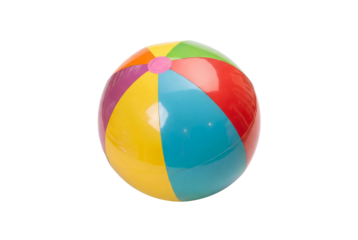 Colorful beach ball in playful vibrant colors with glossy finish on white background for summer recreation