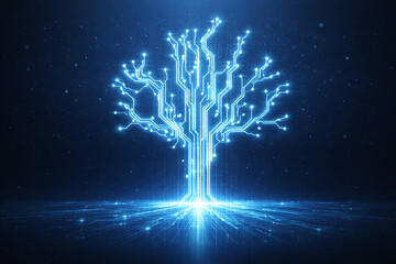 AI generated glowing blue circuit tree symbolizing digital systems data flow artificial intelligence computing networks and technology growth on dark futuristic background with copy space