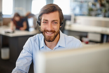 Fototapeta premium Smile, call center and portrait with business man in office for customer support, advisor and contact. Virtual consultant, help desk and communication with person in crm agency for hotline agent