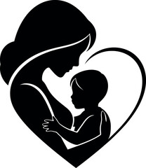 Mother and baby in love heart silhouette shape vector illustration isolated on transparent background