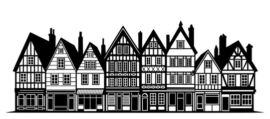 Historic Tudor-style street with traditional half-timbered buildings and storefronts. Black and white silhouette illustration of medieval European architecture row featuring gabled roofs, chimneys. © Suriya