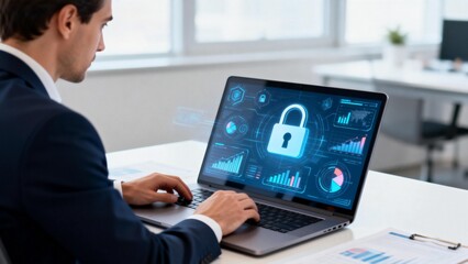 Man working on laptop with security graphics