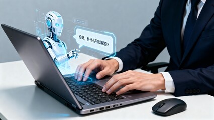 Businessman working with AI robot on laptop