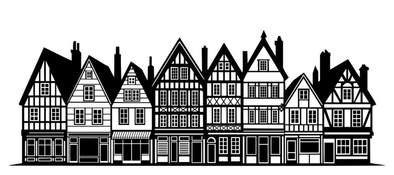 Historic Tudor-style street with traditional half-timbered buildings and storefronts. Black and white silhouette illustration of medieval European architecture row featuring gabled roofs, chimneys.