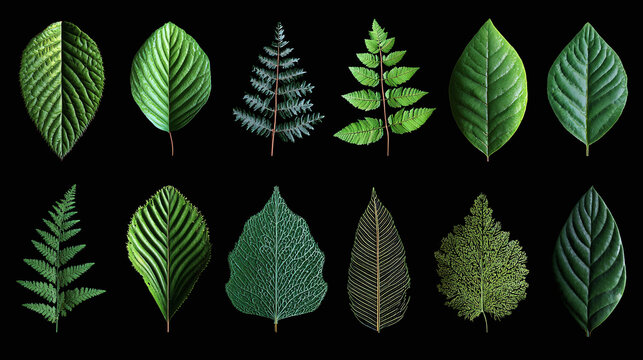 Diverse Types of Leaves, Showcasing Unique Shapes and Textures, and arrangement. A captivating assortment of leaves set against a dark background