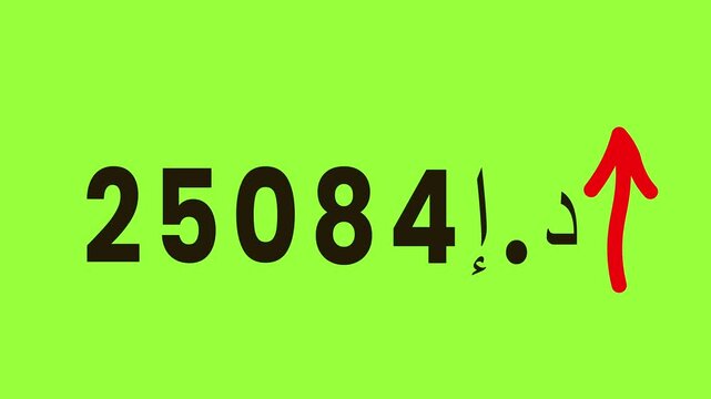 Dynamic motion graphic sequence displaying changing numbers with arabic characters and upward trend arrow against bright green background