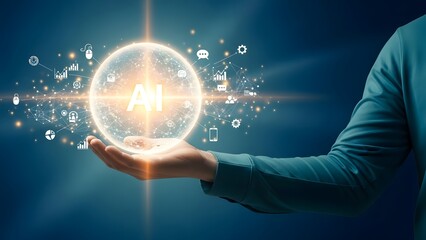 Obraz premium Digital Transformation Concept Hand Holding Glowing Sphere Symbolizing Artificial Intelligence and Global Technology Network
