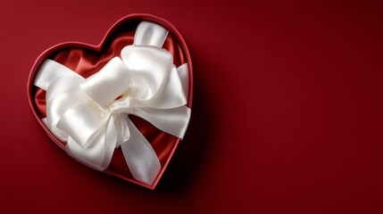 This enchanting heart-shaped gift box, wrapped in a shiny red exterior, features an elegant white bow on top. It invites the viewer to celebrate love and special moments with a touch of charm