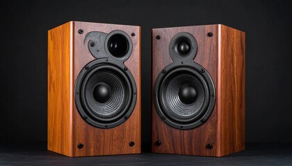 Fototapeta premium Two wooden bookshelf speakers with black front panels and dual drivers stand side by side in the dark.