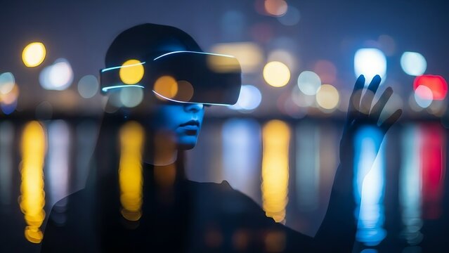A person experiences immersive virtual reality in a futuristic neon-lit city at night, interacting with a digital world - Powered by Adobe