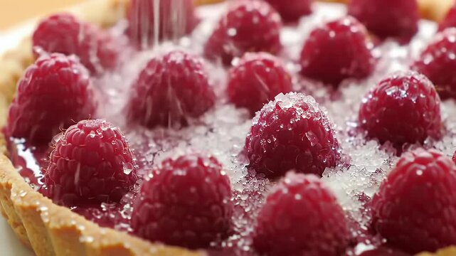 cake with raspberries and sugar