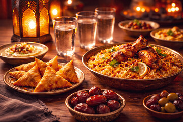 Festive Middle Eastern Style Dinner With Chicken Over Rice, Samosas, Dips, and Candles

