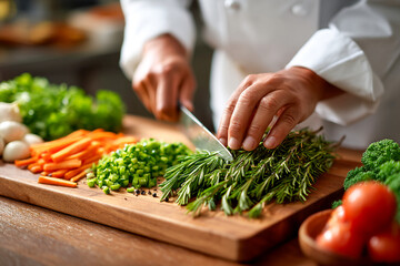 Chef prepares fresh vegetables and herbs for cooking in a kitchen setting Generative AI