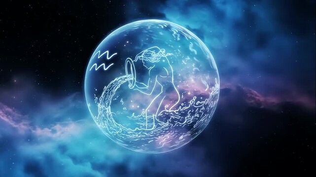 Blue zodiac sign Aquarius glowing inside magical sphere with starry cosmos background, mystical astrology symbol of water carrier pouring liquid representing horoscope concept art and astrology