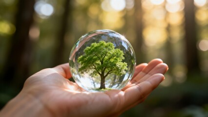 Hand holding glass sphere with tree inside