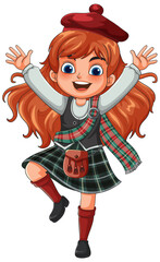 Happy Redheaded Girl Dancing in Traditional Scottish Attire