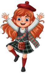 Selbstklebende Fototapeten Kinder Happy Redheaded Girl Dancing in Traditional Scottish Attire  © GraphicsRF