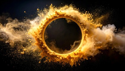 A dark circle surrounded by a burst of golden powder and wispy clouds against a dark background