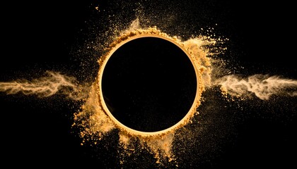 A dark circular void surrounded by golden dust, with hazy wisps radiating outward