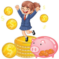 Happy Schoolgirl Jumping with Piggy Bank and Coins