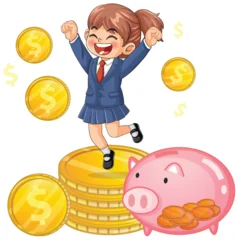 Selbstklebende Fototapeten Kinder Happy Schoolgirl Jumping with Piggy Bank and Coins  © GraphicsRF