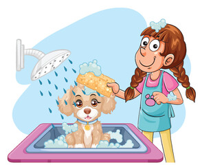 Girl Washing Dog in Bathtub with Sponge and Shower