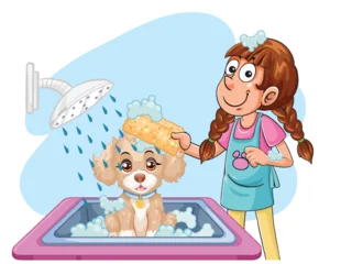 Selbstklebende Fototapeten Kinder Girl Washing Dog in Bathtub with Sponge and Shower  © GraphicsRF