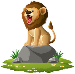 Cartoon Lion Roaring on Rock in Grassy Meadow