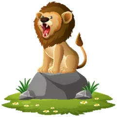 Selbstklebende Fototapeten Kinder Cartoon Lion Roaring on Rock in Grassy Meadow  © GraphicsRF