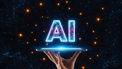 Future Technology Concept with a Tablet Projecting a Glowing AI Artificial Intelligence Hologram
