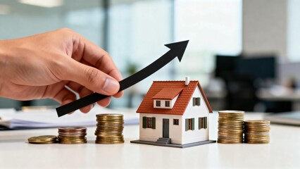 Hand holding arrow over house and coins