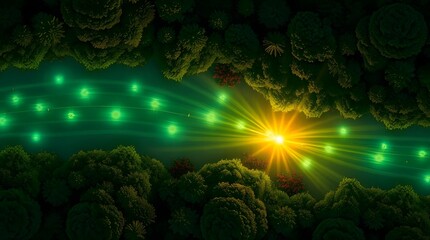 Aerial Forest River with Green Light Trails and Sun Glow &ndash; Abstract Nature Background for Sustainability, Energy, and Wellness Concepts