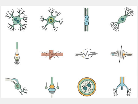 Collection of simplified icons illustrating various neuron cell structures and fundamental nerve impulse transmission processes within the nervous system diagrammatically