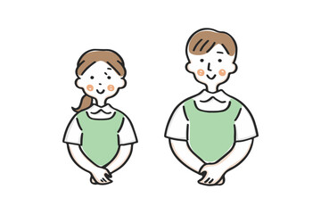 手を前で組むエプロン姿の男女