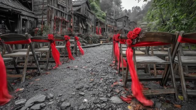 Rows of wooden chairs adorned with red flowers and fabric line a gravel path in a rustic setting