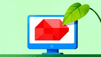 Computer with leaf and red shape