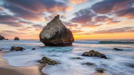 Seaside rock at dusk Majestic sunset.