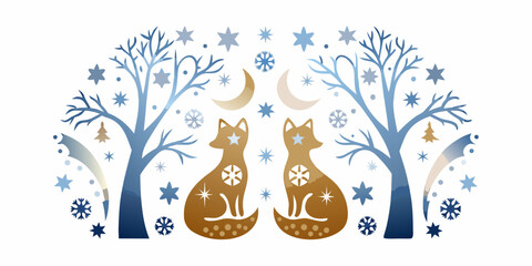 Winter scene featuring two foxes trees crescent moons and snowflakes