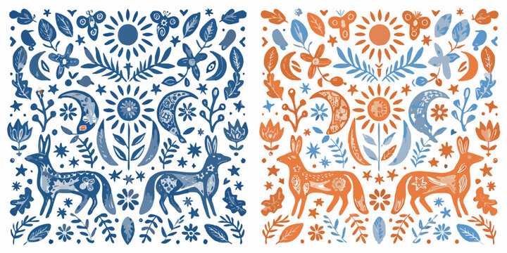 Folk art illustration featuring deer sun moon and floral motifs in blue and orange