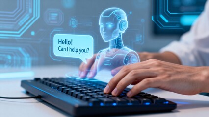 Human interacting with AI hologram