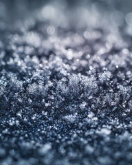 Close up macro view of sparkling ice crystals and frost formations close-up
