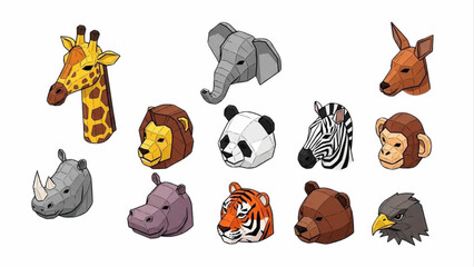 Low Poly Geometric Animal Heads and Figures Set for Modern Graphic Design Wildlife and Nature Logo Symbols