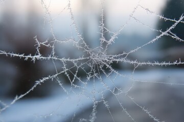 Close up of a delicate spider web covered in intricate frost crystals spiderweb winter