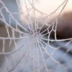Close up of a delicate spider web covered in sparkling frost crystals spiderweb winter